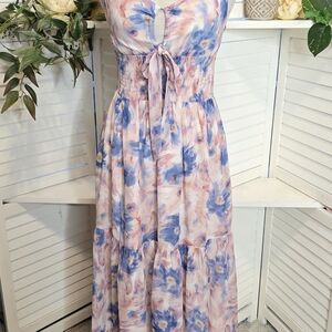 Jacqui E Pastel Coral Blue Floral Maxi Dress Small 1434